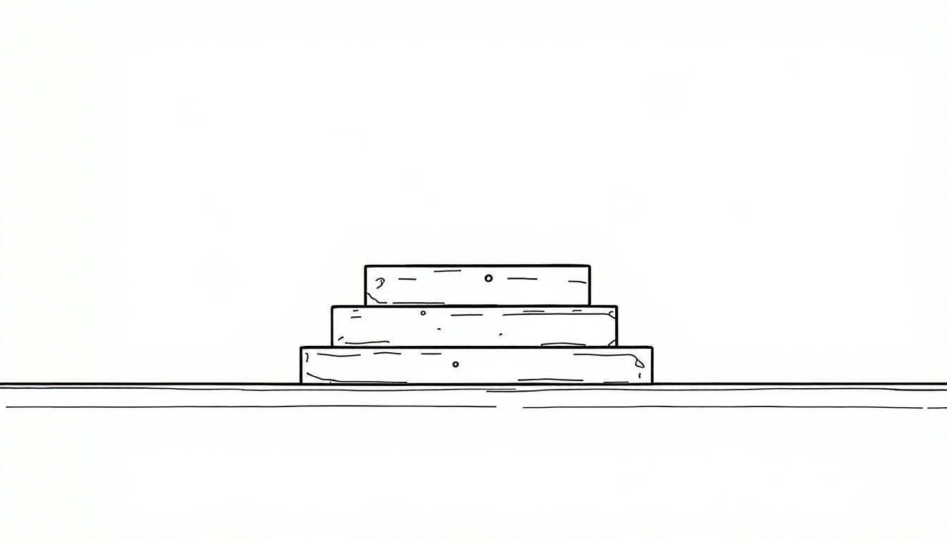 Monochrome line illustration of three flat slabs stacked into a low plinth, a metaphor for the three layers of verification