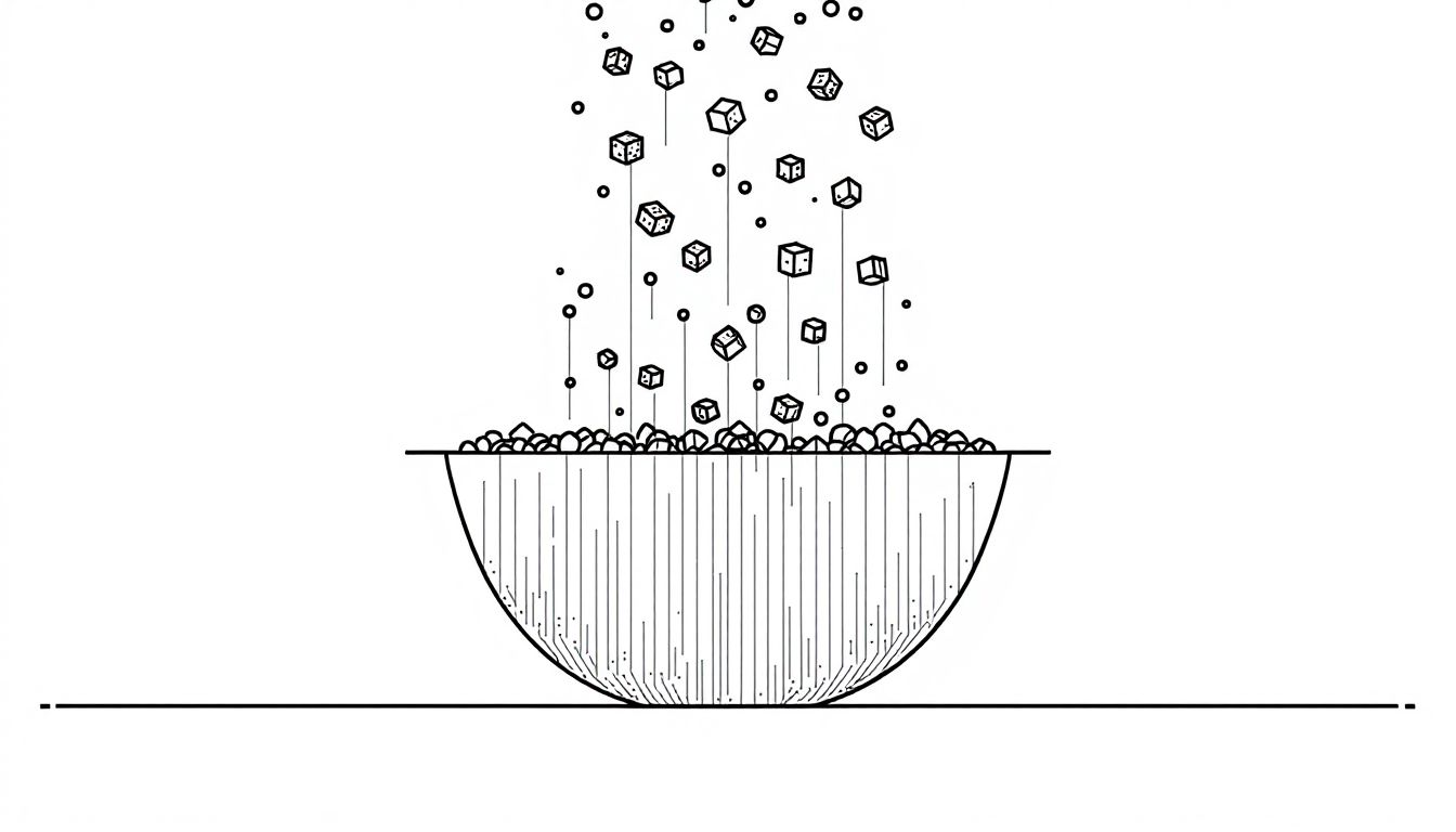 Monochrome illustration of rough particles being sifted through a strainer — quality assured by process