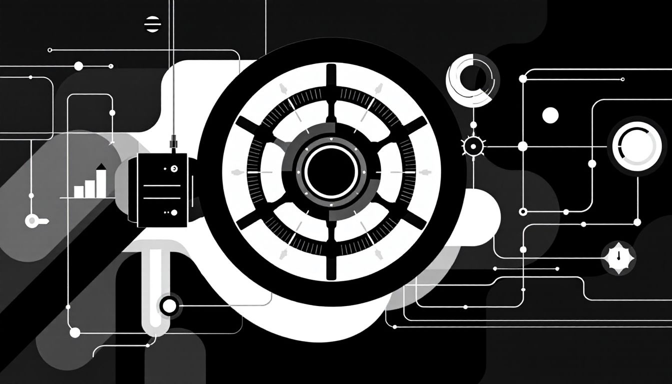 Monochrome illustration of a steering-wheel-like control dial connected to small orbiting gears, a metaphor for human oversight of automated agents