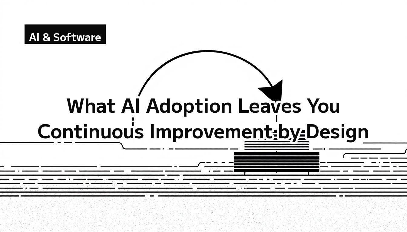 Monochrome illustration of a feedback-loop arrow returning into a stack of data (a metaphor for continuous improvement and improvement data)