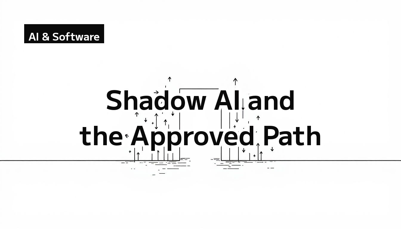 Monochrome line illustration on white: arrows slipping past a gate-like frame, a metaphor for usage flowing outside the approved path